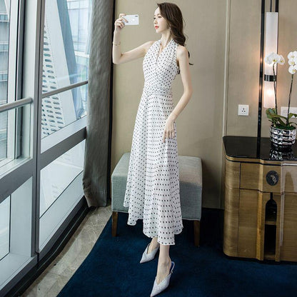 Sexy Polka Dot Dress Bohemian Sleeveless Maxi Dress Summer High Waist Bandage Halter Beach Sundress