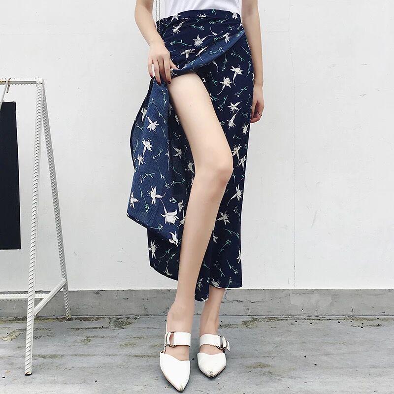 Vintage Floral Print Pockets All-match Women Long Half Length Skirt Autumn Loose Casual Female Skirt