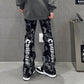 American Retro HIPHOP Printed Jeans Men and Women Hip Hop High Waist Loose Straight Micro-hm Pants