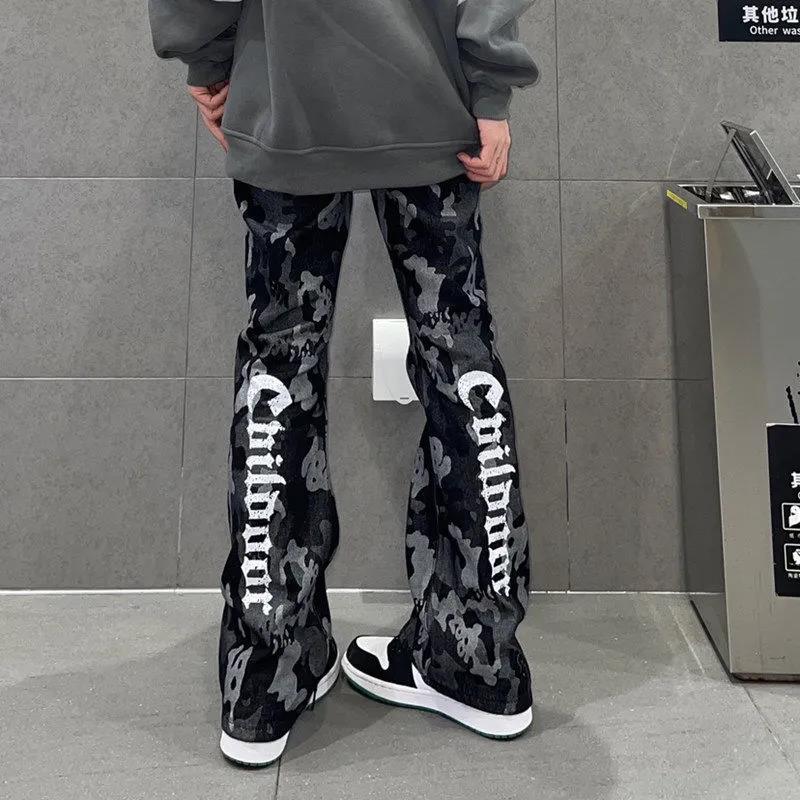 American Retro HIPHOP Printed Jeans Men and Women Hip Hop High Waist Loose Straight Micro-hm Pants
