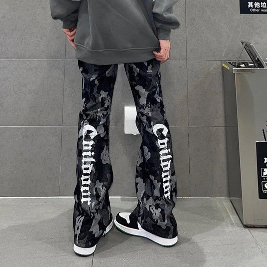 American Retro HIPHOP Printed Jeans Men and Women Hip Hop High Waist Loose Straight Micro-hm Pants