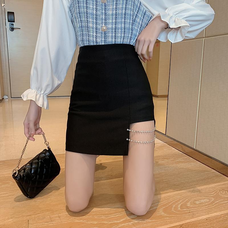 Women Black Sexy Tight A-line Irregular Skirt Paste Drill High Waist Hip Skirt Zipper Club Casual Home Office