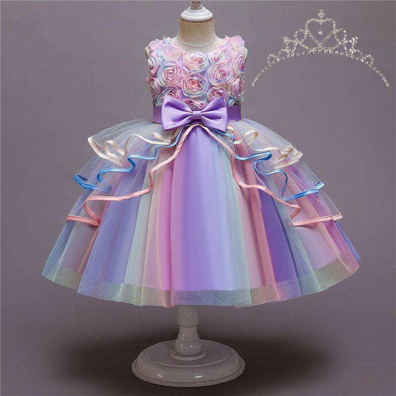 Kids Unicorn Dress for Girls Flower Appliques Gown Little Girl Sleeveless Princess Dresses Elegant Party Costumes Children Clothing