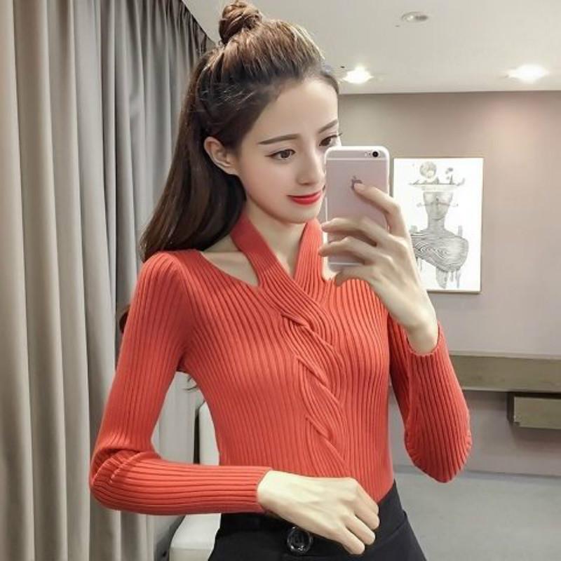 Pofulove sexy V-neck halter slim fit thick base wool sweater female wild sweater