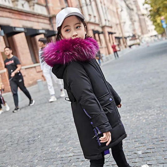 Children's Warm Down Jacket Mid-length Windbreaker Girl Light and Large Fur Collar Coat
