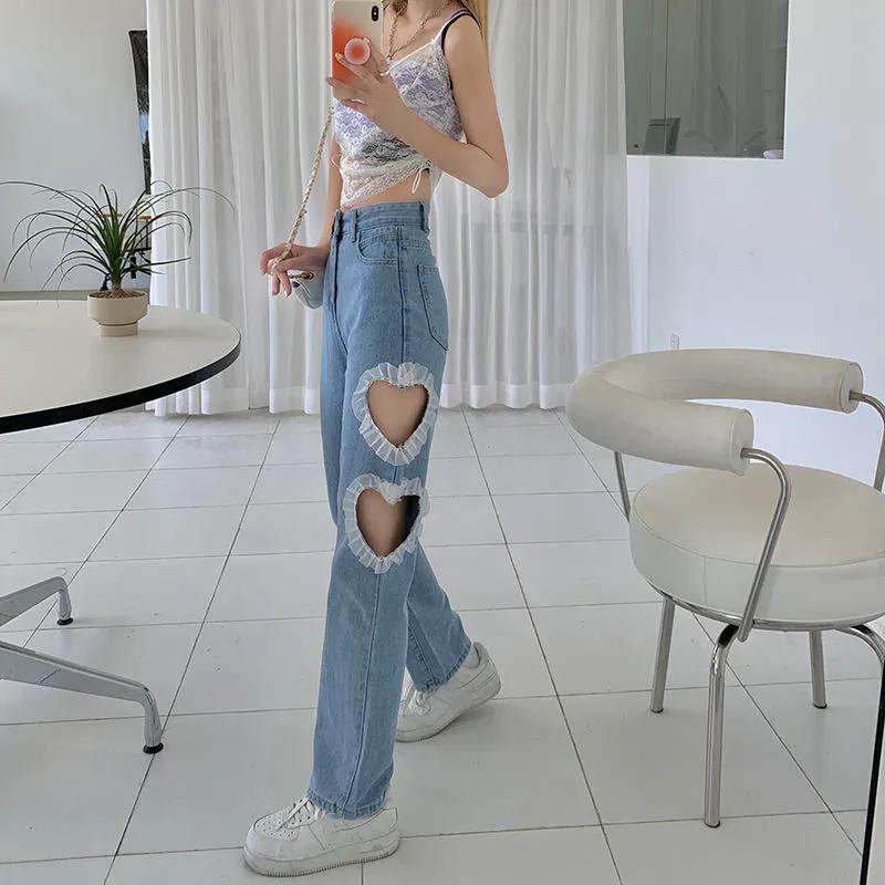 Love Heart Hole Stitching Jeans Loose Wide Leg Pants High Waist Korean Version of Straight Light Pants