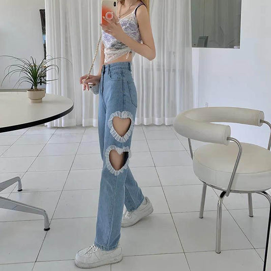 Love Heart Hole Stitching Jeans Loose Wide Leg Pants High Waist Korean Version of Straight Light Pants