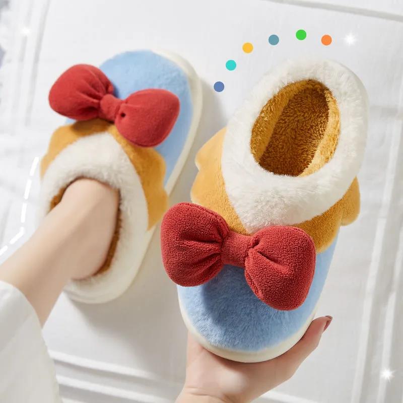 Autumn and Winter Bowknot Cotton Slippers Non-slip Flat Shoes Casual Fashion Cute
