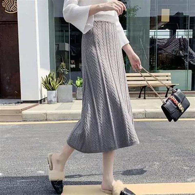 Autumn and Winter Women's High Waist A-line Skirt Knit Long Solid Color Casual Loose Umbrella Skirt Pleated Skirt