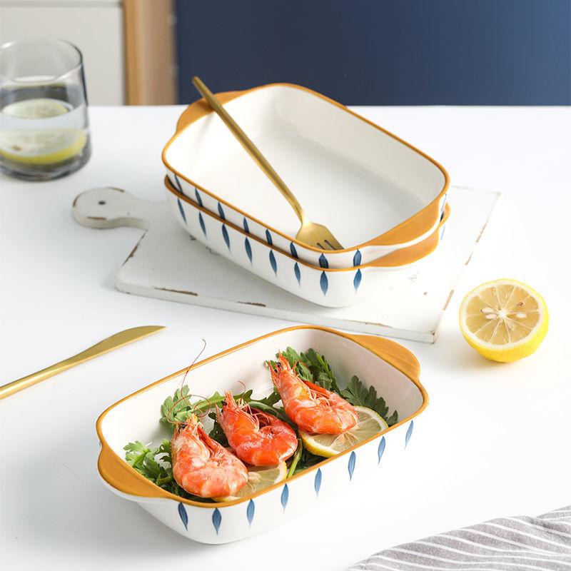 Japanese-style Hand-painted Handle Plate Bowl Creative Net Celebrity Baking Baked Rice Binaural Baking Tray Oven Special Ceramic Tableware Set
