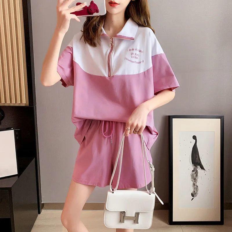 WTEMPO Casual Sportswear Women Summer Student Girls  Loose Short Sleeve Shorts Two-piece Running jogging