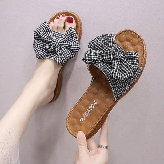 Women's Summer Outer Wear Slippers Beach Flat Bottom Beef Tendon Soft Bottom Pregnant Women Sandals Bow Flip-flops Bathroom Slippers
