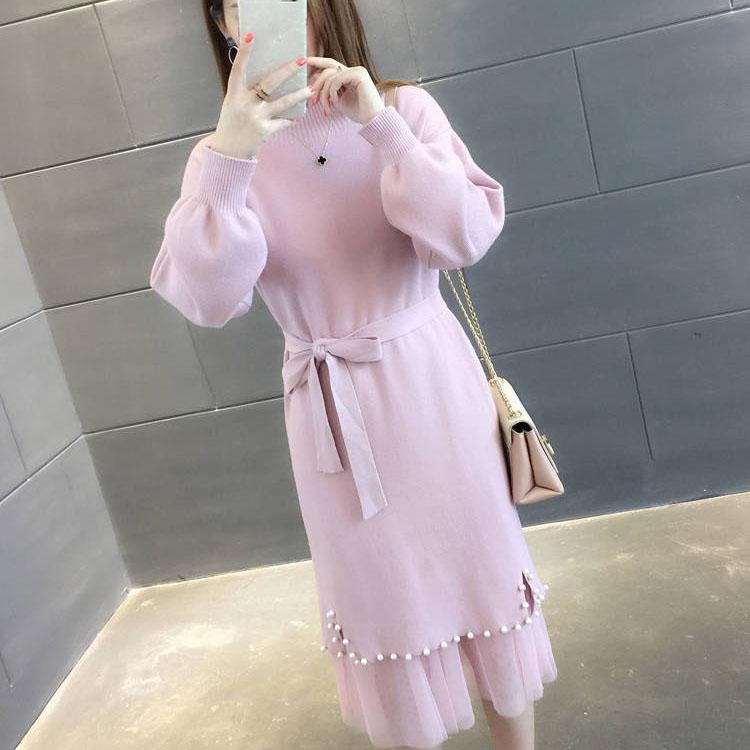 Women's Autumn and Winter Mid-length Half High Collar Pearl Two-piece Sweater Solid Color Mesh Splicing Belt Knitted Dress