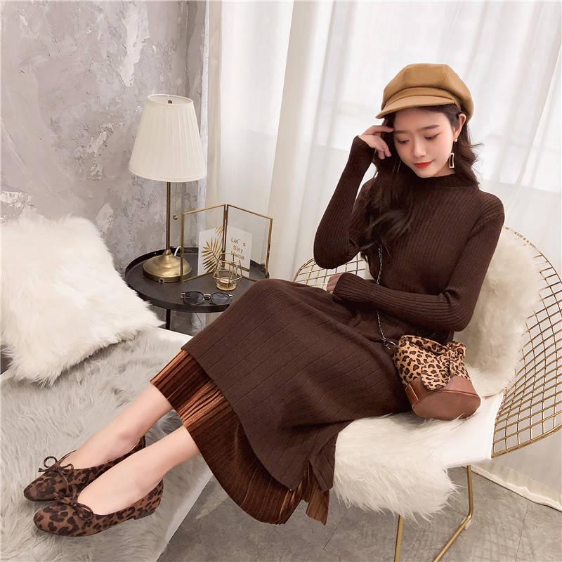 Women Wool Dress Fashion Turtleneck Knitted Dress Long Sleeve Sweater Casual Pullover Large Size