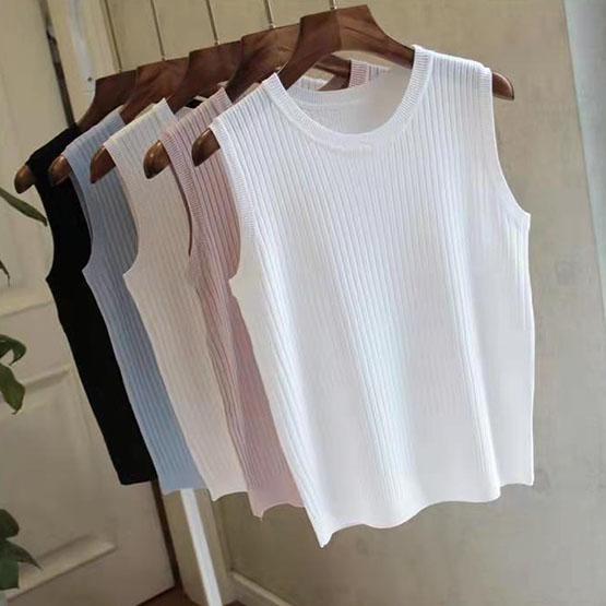 Summer Women Tops Solid Color Blouses Slim Sleeveless Tee Shirt Plus Size White T-Shirt Female Knitted Stretch Top