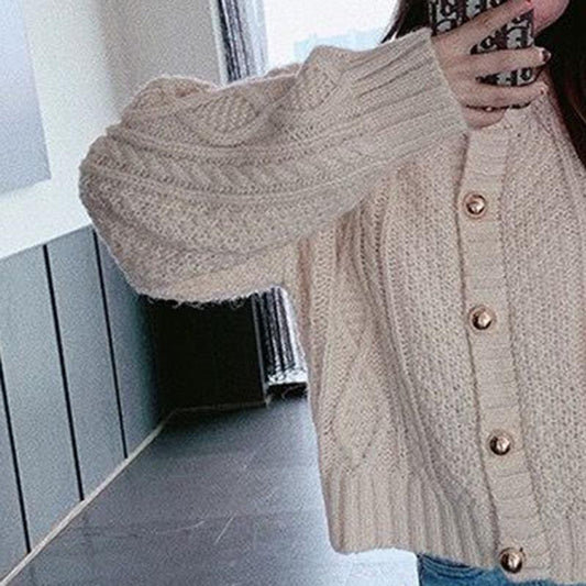 Autumn New Style Retro Design Button Twist Top Loose Short Long Sleeve Knitted Casual Sweater Cardigan Jacket Women