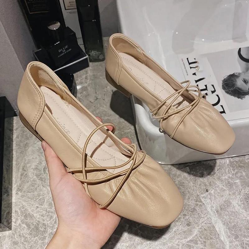 Soft Leather Peas Shoes Women's Single Shoes Wild Square Toe Elastic Buckle Women Low-heeled Leather Shoes Retro British Style