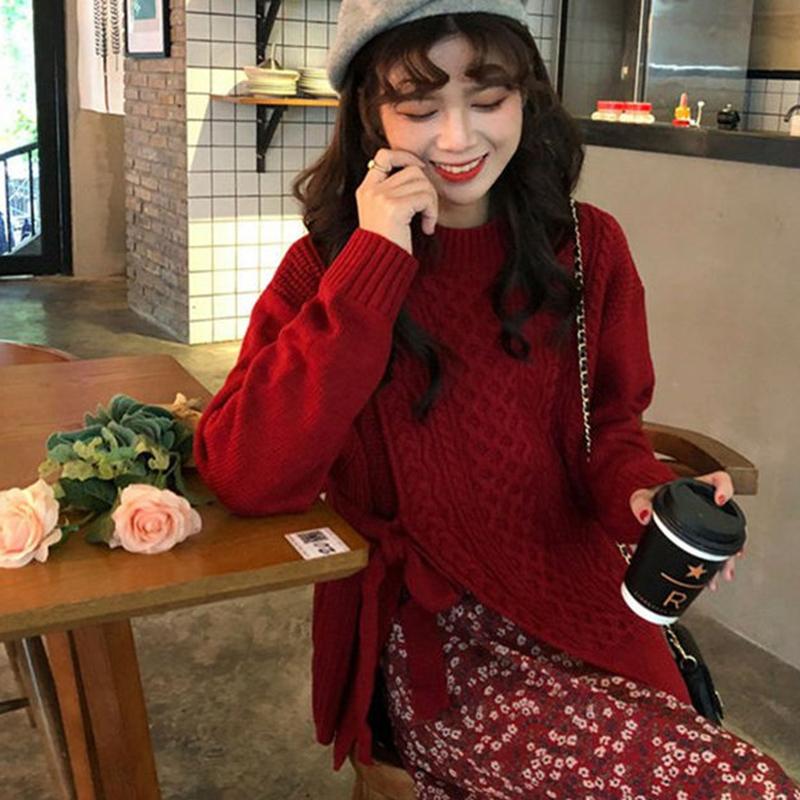 All-match Loose Autumn  Winter Twist Sweater Knit Sweater Casual Female Students Long-sleeved Design Sense Split
