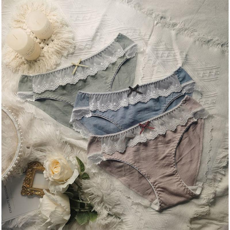 Princess Style Ladies Panties Embroidered Lace Trim Contrast Color Bow Cotton Briefs Women
