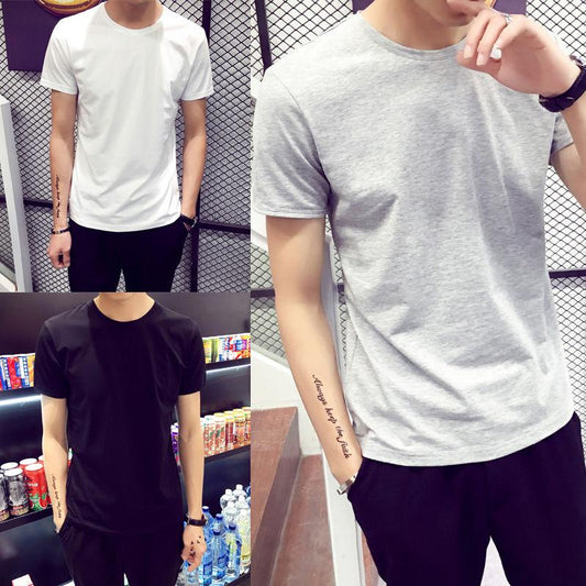 Summer Men's Short-sleeved Round Neck Bottoming Shirt Student Solid Color T-shirt Youth Wild Plus Size Slim T-shirt Top