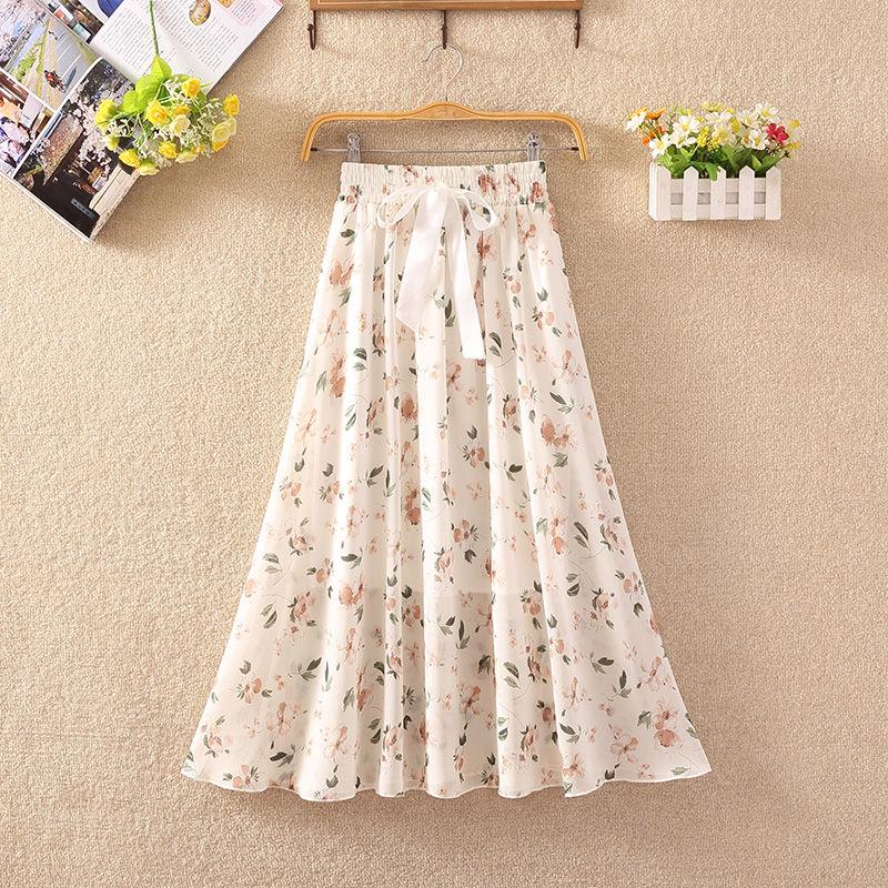 Summer High Waist Chiffon Women Midi Skirts Casual Floral Print Female Skirt Maxi Beach Skirt
