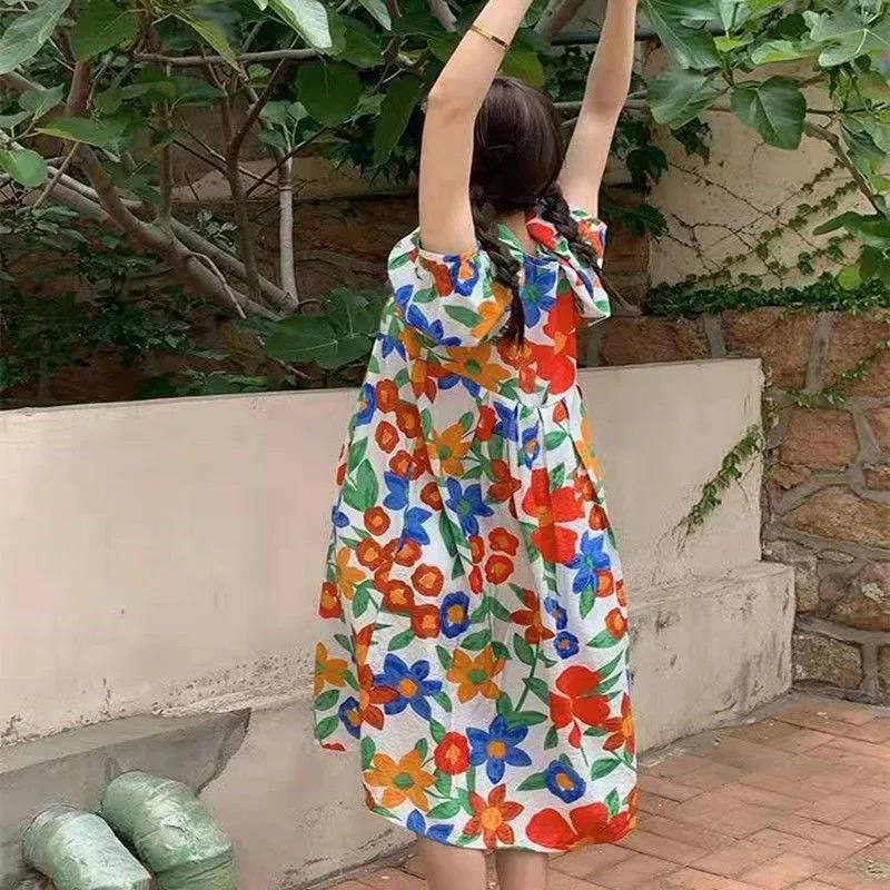 Cute Girl Puff Sleeve Dress Retro Print Long Loose Mid-length Skirt