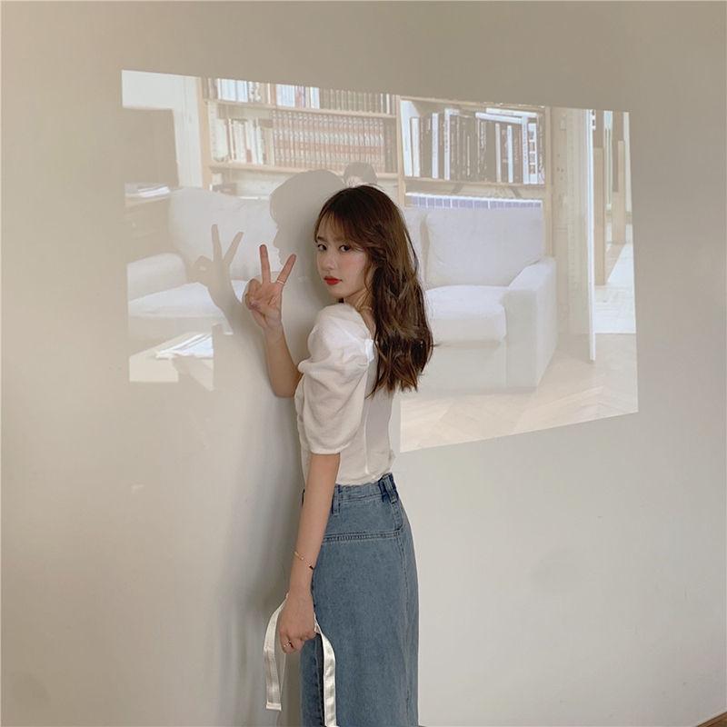 Purple Puff Sleeve Shirt Women's Summer Design Sense Retro Short Shirt Pleated French Square Collar Short Sleeve Top