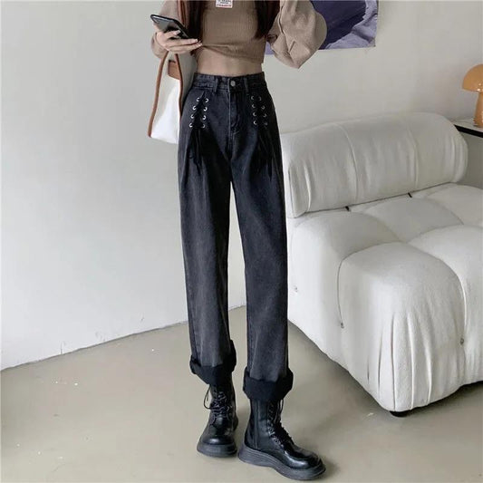 Designful Retro Tie Jeans Female Autumn Korean Version of The High Waist Slim Vertical Straight Widespipe