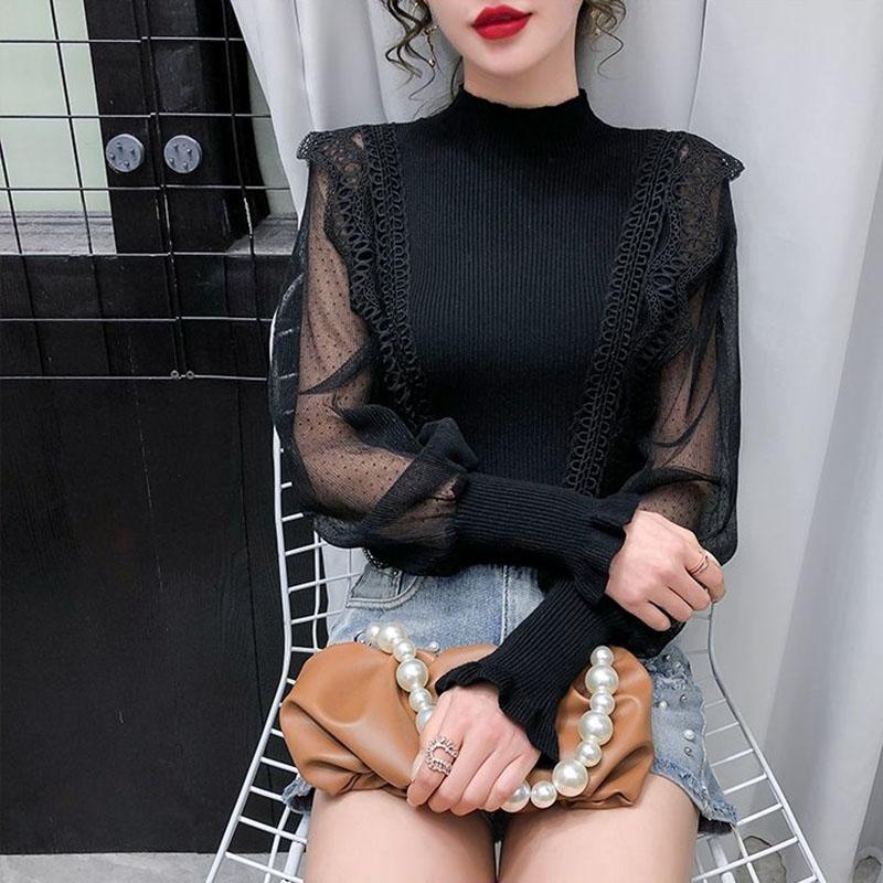 Women's Spring and Autumn Long Sleeve Lantern Sleeve Slim Solid Color Top