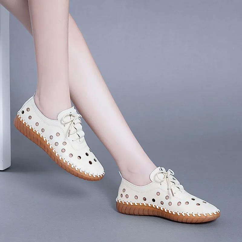 Women's Spring Summer Large Size Flat Shoes Non Slip Soft Sole Solid Color Hollow Out Leather Shoes