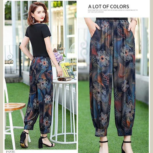 Cropped Pants Summer Cotton Silk Printed Casual Wide-leg Pants with Elastic Waist Lantern Pants