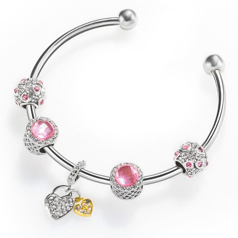 Pink Double Heart-shaped Beads Opening Bracelet Charm Bracelet Diy Beads Bracelet for Women Gift