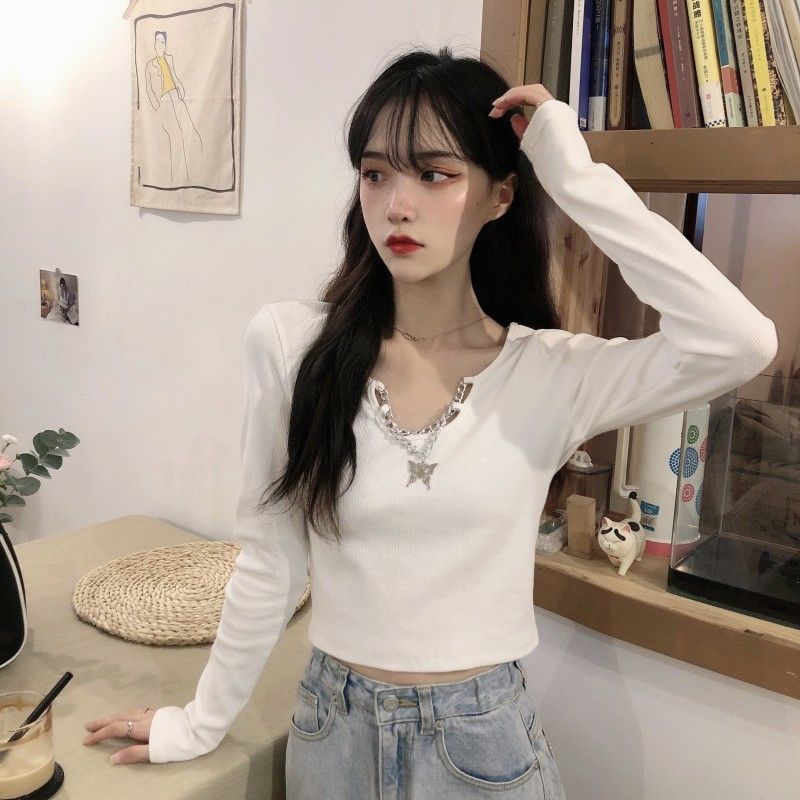 Women's Fall New Chain Butterfly Decoration Long Sleeve O-Neck Slim Harajuku Tops Female Pullover