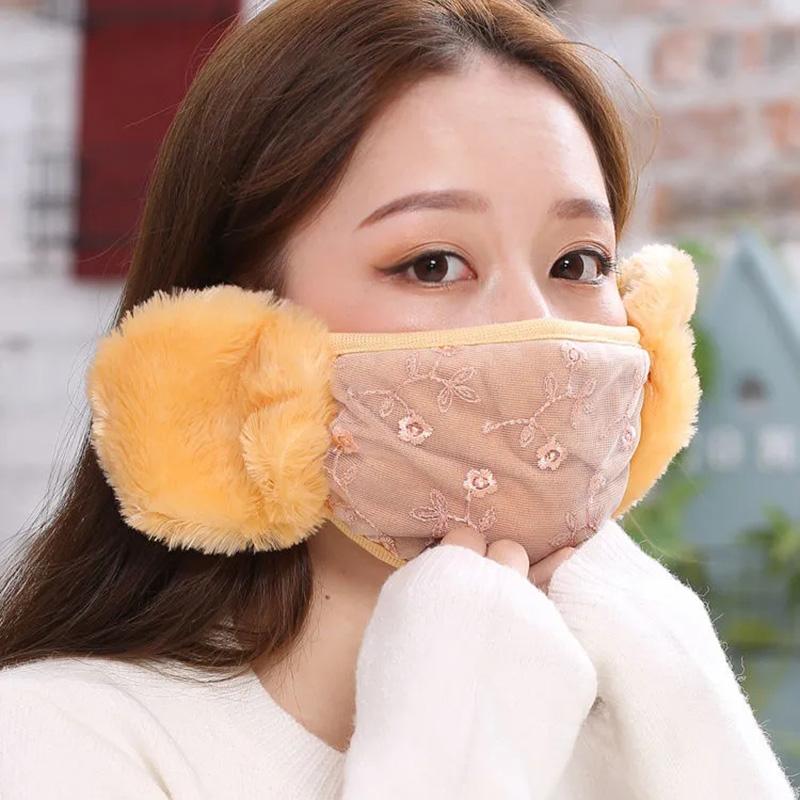 Women's Two-in-one Ear Protection Warm Lace Mask Autumn Winter Thickening Dust-proof Anti-fog Cold-proof Breathable Mask Face Mouth Mask