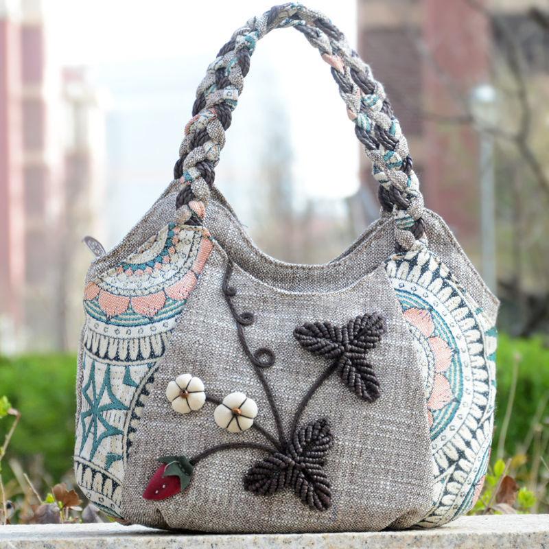 Middle Aged Women Handbag Casual Daily Shopper Ethnic Style  Anvas Cotton and Linen Woven Flower Print Pattern