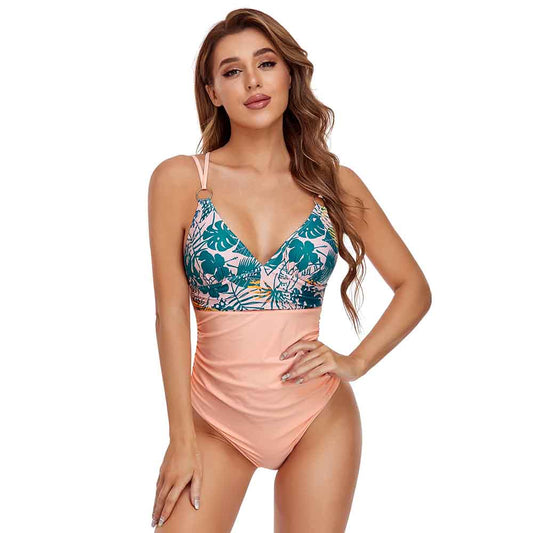 Paneled One Piece Swimsuit Feminine Cross Straps Print Swimsuit Beachwear
