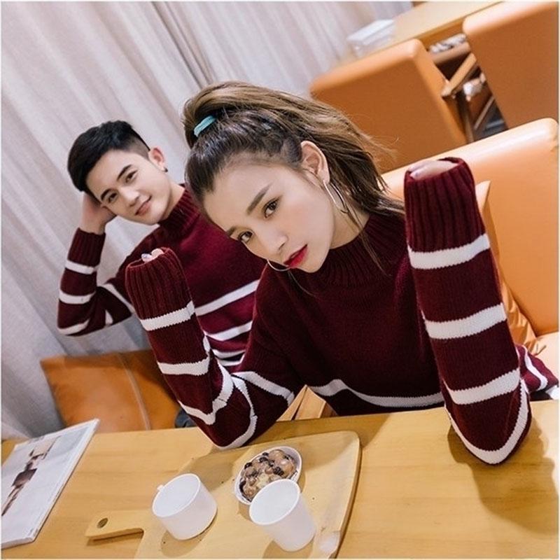 Autumn and Winter Casual Sweater Striped Pattern Loose Top Men and Women Half High Neck Lover's clothes