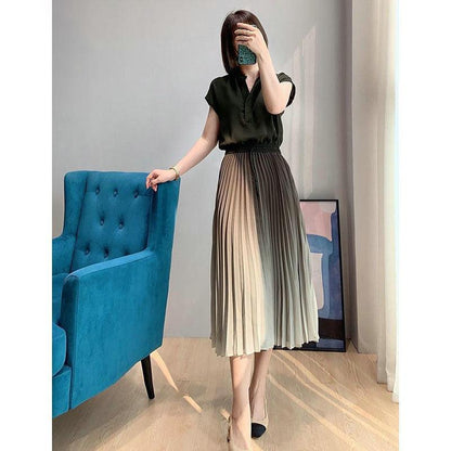 2021 Summer New Women's Pleated Skirt Temperament Dress Chiffon Long Skirt Slim Slimming Women's Large Size