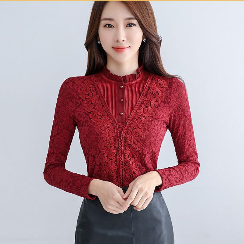 Fashion Trend Ladies Lace Sweater Autumn and Winter Slim Sexy Plus Velvet Thick Warm Blouse