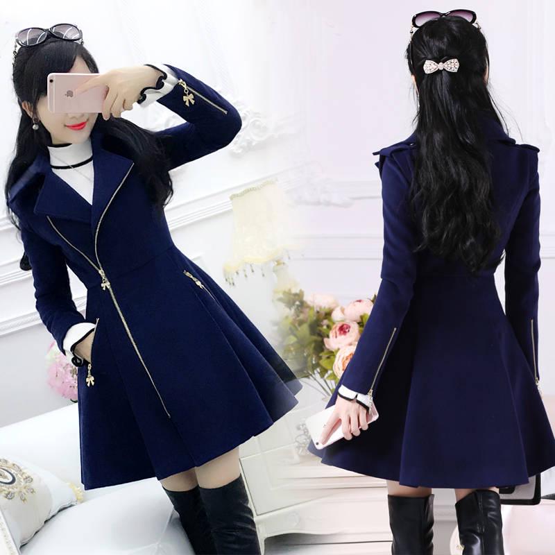 Zipper Long-sleeved Woolen Coat Female Outwear Wool Overcoat Long Slim Jacket Winter Women's Coat
