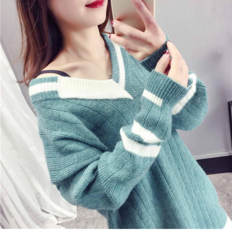 Pofulove high-quality core-spun yarn V-neck hedging mid-length wild wild knit ins sweater female student Korean loose top