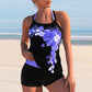 Plus Size Bikini Print Split Boxer Swimsuit Floral Cross Straps Suspender Set