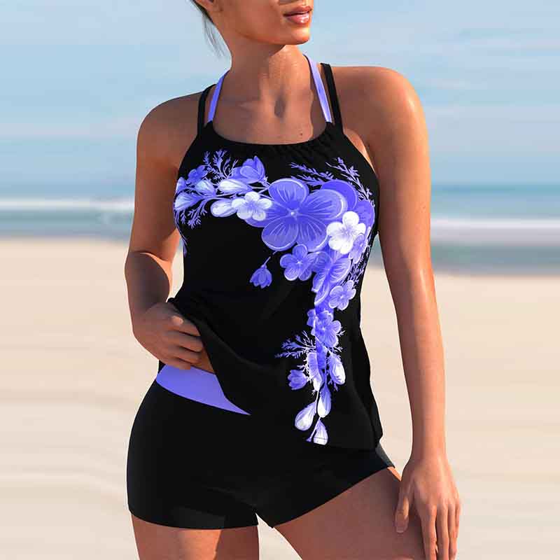 Plus Size Bikini Print Split Boxer Swimsuit Floral Cross Straps Suspender Set