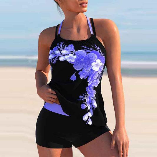 Plus Size Bikini Print Split Boxer Swimsuit Floral Cross Straps Suspender Set