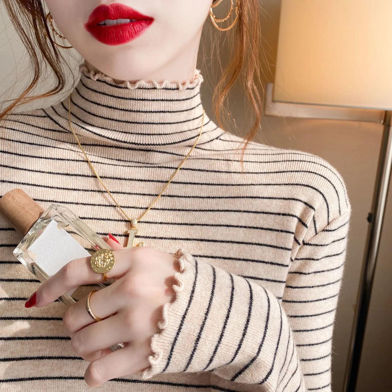 Striped Half Turtleneck Lace Bottoming Shirt Women Skinny Pullover Knit Sweater Fashion Striped Top