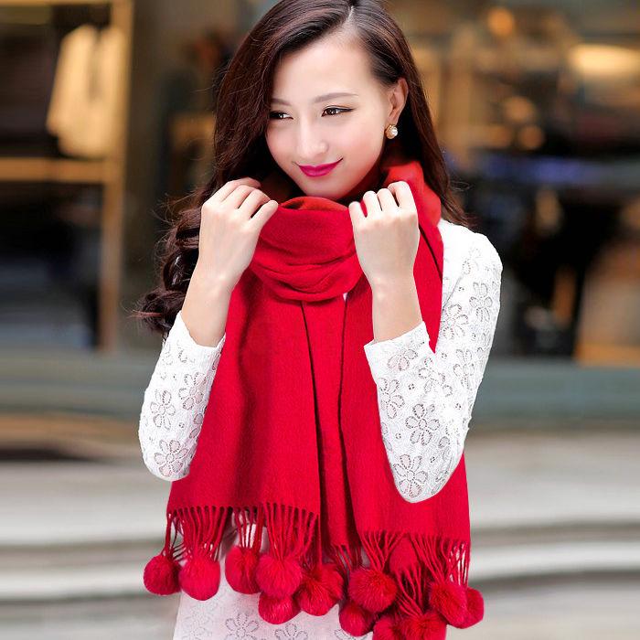 Autumn and Winter Cashmere Warm Scarf Ladies Long Thickened Fur Ball Tassel Scarf Shawl Solid Color