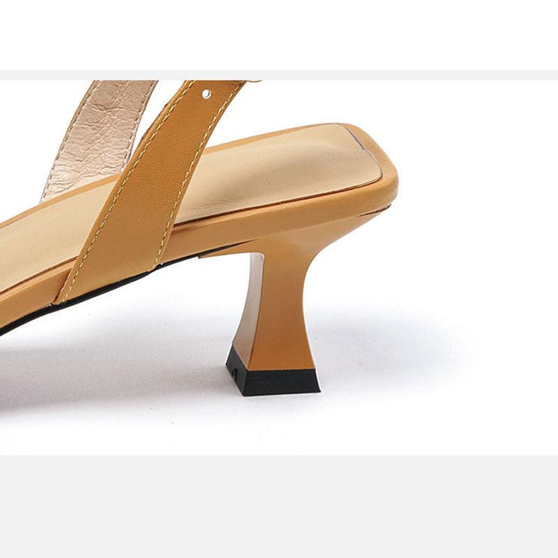 Sandals for Women Summer Mid-heel Square Toe Soft Leather All-match Stiletto Heel French High-heeled Sandal Temperament  Elegant Plaid Sandals