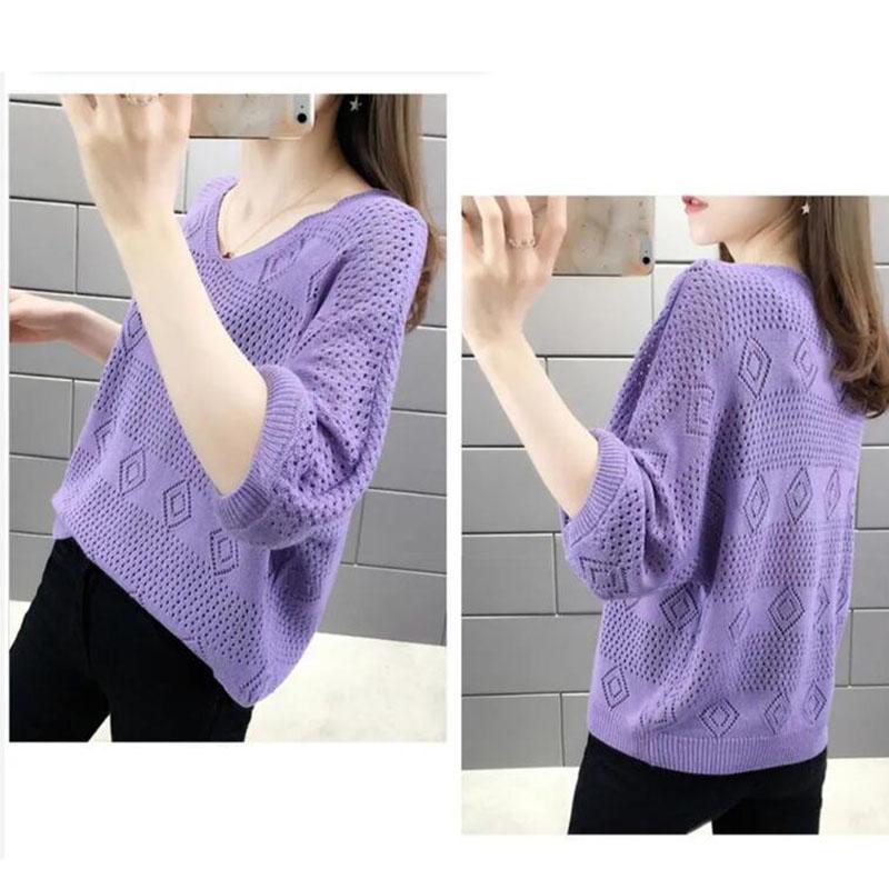 Women's V-neck Hollow Knit Sweater Women's Loose Korean Version of Batwing Sweater Top Women's Short Thin Knit Pullover Sweater