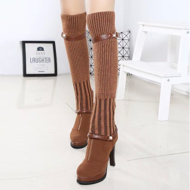 Women High Boots Stiletto High Heels Ladies Elastic Knee-high Boots Autumn  Winter Knit Plus Velvet Boots