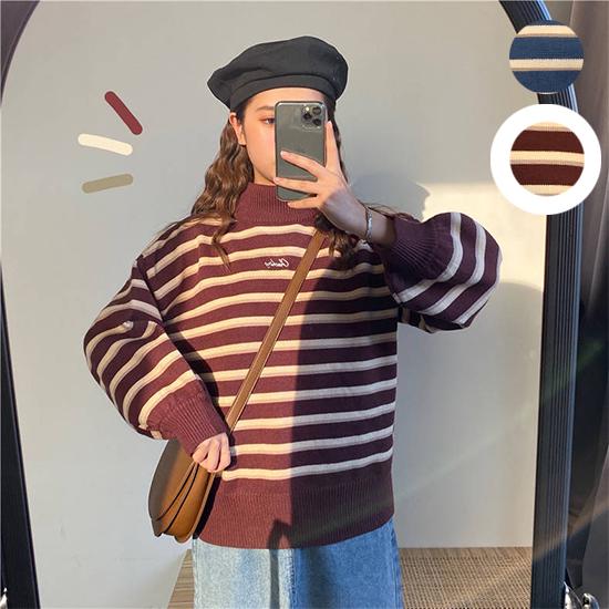 Pofulove 2 Colors Turtleneck Over Size Sweet Hit Color Striped Girly Lantern Cuffs Pullover Sweater